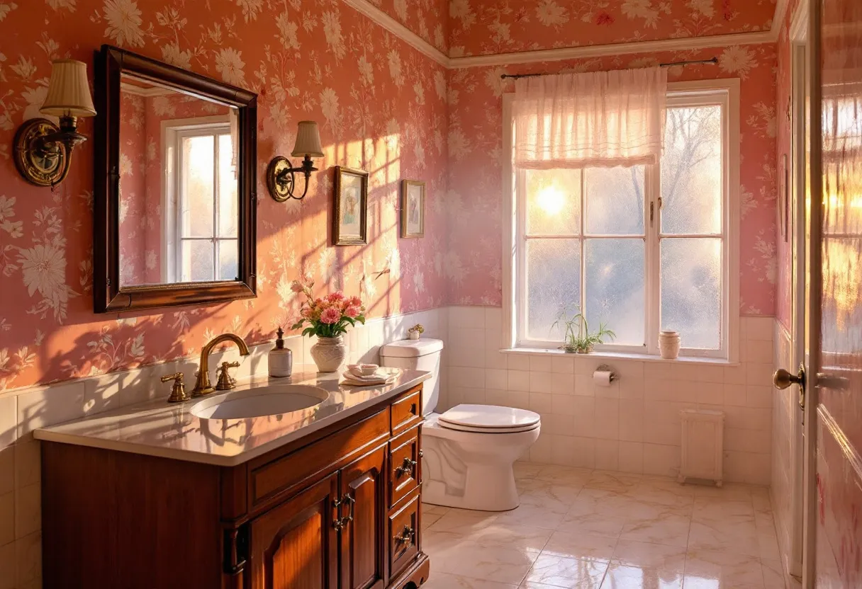 This 70s bathroom exudes a warm and nostalgic charm with its quintessential retro aesthetics. The walls are adorned in bold, floral-patterned wallpaper, a staple of the decade's interior design trends, featuring warm shades of orange and cream. The large, wooden vanity exudes elegance with its rich, dark finish, topped with a cream marble countertop. Gold fixtures, including the faucets and handles, enhance the vintage appeal, reflecting the opulent tastes of the era.

The ambient lighting, contributed by classic wall-mounted sconces with fabric shades, casts a cozy glow throughout the space, emphasizing the texture of the wallpaper. The bathroom is further accentuated by decorative touches such as framed artwork and fresh flowers, placed strategically to create a welcoming and harmonious atmosphere. A white, sheer curtain filters the sunlight through the window, creating a soft, golden illumination that enhances the overall warmth and inviting feel of the room.