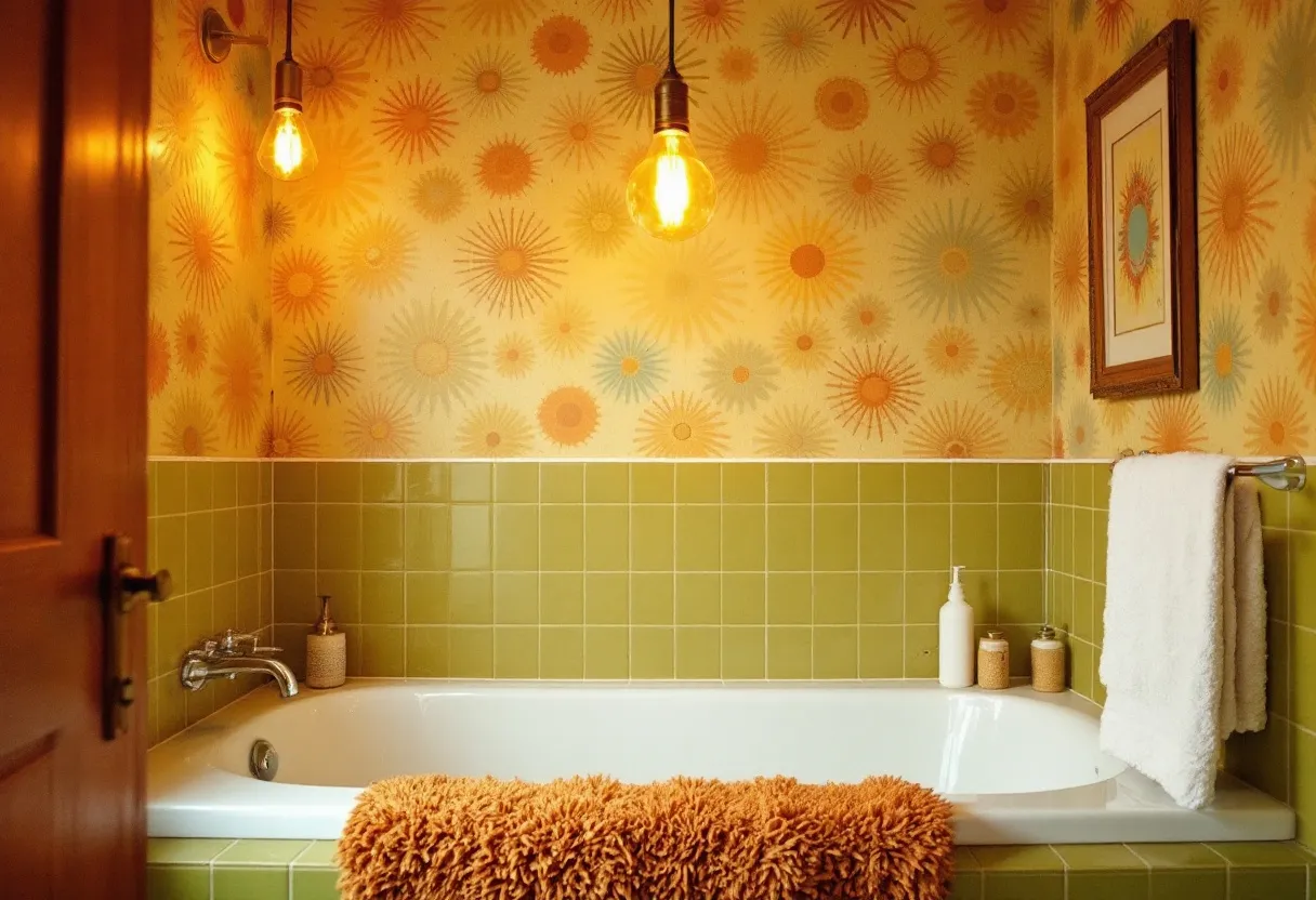 This 70s bathroom exudes a vintage charm characterized by its distinctive color palette and design elements. The walls are adorned with bold, retro wallpaper featuring sunburst patterns in shades of orange and yellow, capturing the playful and vibrant aesthetic typical of the era. Complementing the lively wallpaper is a section of moss green tiles that encase the bathtub area, adding an earthy, grounded contrast to the bright and energetic wall pattern. The tub itself is a classic white, providing a clean and simple complement to the more eclectic design elements around it.

Adding to the nostalgic feel are the warm, glowing pendant lights that hang above, illuminating the space with an inviting amber hue. A plush, orange shag rug drapes over the edge of the tub, contributing a cozy and tactile element that mirrors the vivid colors of the wallpaper. A framed artwork that echoes the sunburst motif hangs on the wall, adding cohesion to the overall decor. The thoughtful combination of textures, patterns, and colors encapsulates the exuberant style of the 70s, creating a bathroom that feels both cozy and delightfully retro.