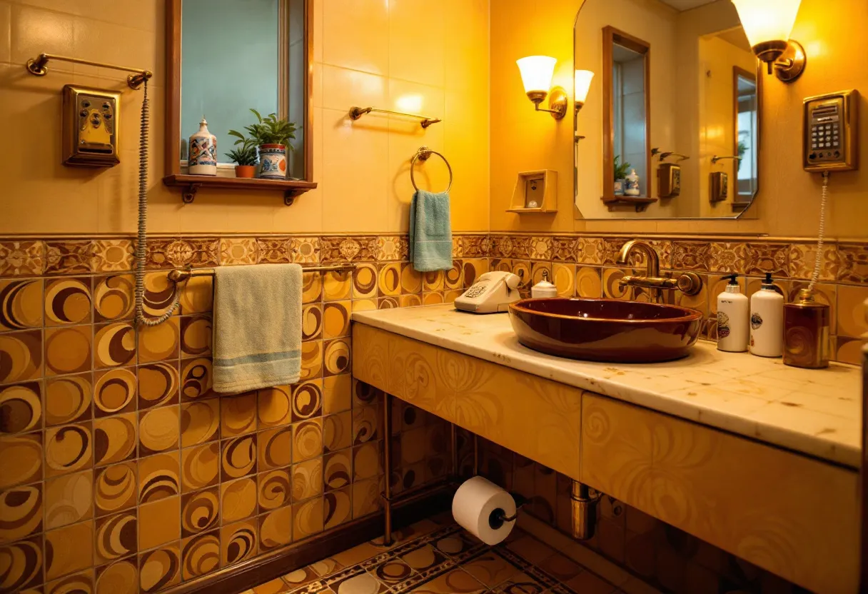 This 70s bathroom captures the vibrant aesthetic typical of that era with its bold, geometric tiles showcasing warm, earthy tones of mustard yellow and brown. The patterned tiles on the lower half of the walls add a lively complexity to the space, creating a visual rhythm characteristic of 70s interior design. Above the sink, a mirrored medicine cabinet is flanked by elegant sconces that emit a soft, amber glow, enhancing the warm palette and providing ample lighting.

The countertop, with its thick cream surface, exudes a sense of sturdy design while accommodating a striking brown ceramic basin. Accents such as the golden-hued fixtures and a vintage rotary phone add a touch of luxury, integrating seamlessly with the overall theme. Lush green houseplants positioned on the small shelf bring a hint of nature indoors, complementing the rich color scheme and adding a refreshing contrast to the predominantly golden hues.