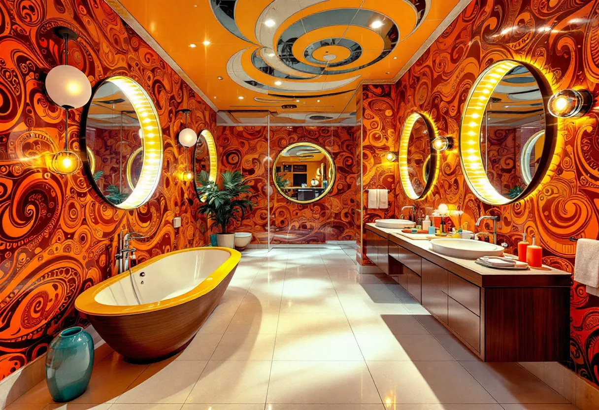 This 70s bathroom presents a vivid burst of color and patterns typical of the era, featuring bold, swirling orange and red wallpaper that envelops the entire room in a psychedelic motif. The geometric patterns are visually captivating, transporting you back to a time when daring design was embraced. The centerpiece is a freestanding bathtub, outlined with a contrasting yellow rim and a wood finish, reflecting the eclectic mix of earth tones and vibrant accents popular in the 1970s.

The decor is enhanced by strategically placed circular mirrors with illuminated edges, exuding a futuristic vibe reminiscent of the space-age design trends of the time. The ceiling complements the walls with abstract, linear patterns that incorporate both curves and straight lines, drawing the eye upwards. Mid-century modern lighting fixtures and a lush indoor plant add touches of sophistication and warmth, creating a balance between the dynamic patterns and inviting atmosphere. The sleek vanity with dual sinks adds a touch of practicality while maintaining the room's cohesive retro aesthetic.