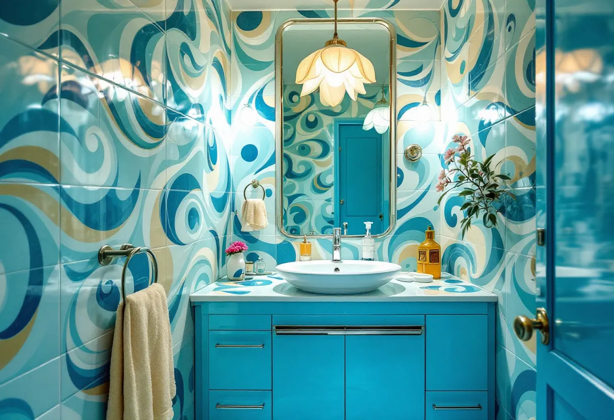 This 70s bathroom exudes a vibrant and retro energy, characterized by its bold and swirling blue-patterned tiles that cover the walls. The design reflects the eclectic and expressive style of the 1970s, with its psychedelic swirls in shades of blue, teal, and cream creating a dynamic and eye-catching backdrop. The large mirror above the vanity is framed with a sleek metallic finish, adding a touch of modernity to the otherwise vintage ambiance. The lighting fixture, shaped like a flower, hangs from the ceiling, casting a warm glow that enhances the room's inviting feel.

The vanity unit is painted in a bright turquoise, harmonizing with the wall tiles. The countertop hosts various accessories, including colorful soap dispensers and a vase with fresh flowers, adding a personal and lively touch. Towel racks are adorned with plush beige towels, providing a subtle contrast against the vibrant hues. The overall atmosphere of this bathroom is one of joyful nostalgia, capturing the playful yet stylish essence of the 1970s décor.