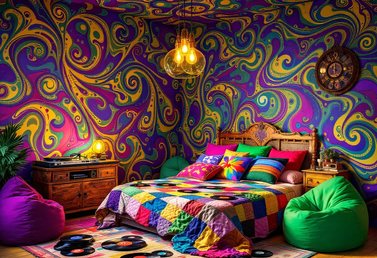 This 70s bedroom is a vibrant explosion of color and pattern, capturing the essence of the psychedelic era. The walls are adorned with swirling designs in bold hues of purple, yellow, and green, creating a sense of movement and energy. A central light fixture with exposed bulbs adds a warm glow, enhancing the room's cozy atmosphere. The bed, with its ornate wooden headboard, is piled high with an array of colorful pillows, each showcasing different patterns that reflect the eclectic style of the time. A patchwork quilt, in a spectrum of bright colors, covers the bed, further adding to the visual dynamism.

In one corner, a vintage wooden record player sits atop a wooden cabinet, hinting at the musical inspirations of the 70s. Vinyl records are scattered on a colorful area rug, reinforcing the room’s dedication to music and personal expression. Large, plush bean bags in pink and green provide additional seating, inviting relaxation and conversation. A retro clock, with a design that complements the psychedelic theme, hangs on the wall, adding a functional yet decorative element. Overall, this bedroom is a lively and nostalgic tribute to a transformative decade.