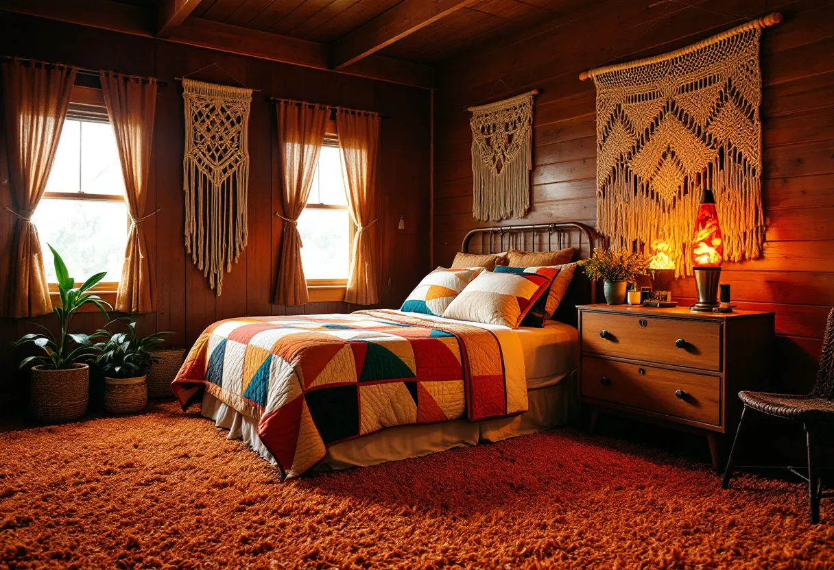 This 70s bedroom embraces a warm, earthy palette with wood-paneled walls and ceiling, creating a cozy and inviting atmosphere. The rich, amber tones of the wood are complemented by the deep, shaggy orange carpet that covers the floor, adding texture and warmth underfoot. A wrought iron bed frame is adorned with a colorful quilt featuring bold geometric patterns in shades of red, orange, and blue, reflecting the decade's love for vibrant and eclectic designs. Large macramé wall hangings flank the bed, contributing to the retro aesthetic and showcasing the era's penchant for handcrafted decor.

The room is further enhanced by the presence of two large windows, dressed in simple brown curtains that allow natural light to filter in, softening the space. A wooden dresser, topped with a distinctive lava lamp emitting a warm glow, sits beside the bed, reinforcing the vintage vibe. Potted plants are placed near the windows, bringing in a touch of nature and adding a lively contrast to the earthy tones. Overall, this 70s bedroom is a nostalgic blend of textures and colors, offering a timeless and eclectic retreat.