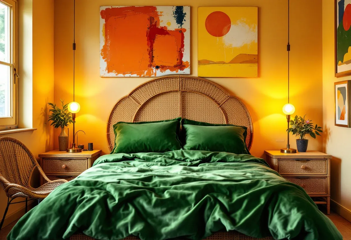 This 70s bedroom embodies the vibrant aesthetics of the era with its warm, inviting color palette and distinct textures. The bed, featuring rich green bedding, is complemented by the natural rattan headboard, adding an organic touch to the space. The room is illuminated by soft, glowing lights suspended over matching bedside tables, each adorned with a small decorative plant, creating a cozy and serene atmosphere.

Large, bold artworks hang above the bed, injecting a burst of vibrant orange and yellow hues that draw the eye and contribute to the room's retro feel. The woven chair by the window reflects the period's love for natural materials and craftsmanship. Overall, the bedroom captures the essence of 70s style through a harmonious blend of color, texture, and design elements.