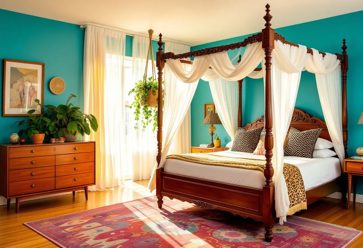 This 70s bedroom is a vibrant blend of color and vintage charm. The turquoise walls set a lively tone, contrasting beautifully with the natural wood elements that define the furniture. The centerpiece is a four-poster bed adorned with flowing white drapes, lending an air of elegance and nostalgia. Accent pillows with bold geometric and animal prints add a playful touch, balanced by the warm tones of the wooden bedframe and matching nightstands.

The room features a mid-century modern dresser topped with lush plants, infusing the space with a sense of freshness and being in tune with nature. A colorful patterned rug on the hardwood floor adds warmth and additional vibrancy, echoing the eclecticism of the era. Soft lighting from the lamp enhances the cozy atmosphere, complemented by the sunlight streaming through sheer white curtains. Together, these elements capture the essence of 70s interior design—a mix of bold, eclectic styles with natural accents.