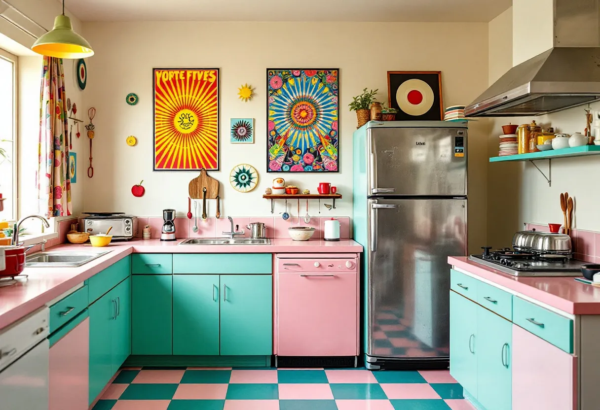 This 70s kitchen exudes a vibrant and eclectic charm, characterized by its bold color palette and retro design elements. The cabinetry is a striking combination of pastel pink and teal, which pairs harmoniously with the checkerboard floor in the same colors, creating a cohesive yet playful aesthetic. The countertops are also pink, adding to the overall whimsy and warmth of the space. 

On the walls, various psychedelic and graphic art pieces contribute to the kitchen’s lively atmosphere, with patterns and styles typical of the 70s era. The décor includes a mix of practical kitchen items and decorative touches, such as colorful dishes and small potted plants, enhancing the room's inviting feel. The metallic finish of the refrigerator and stove complements the vivid color scheme, adding a modern touch while still maintaining the retro theme.