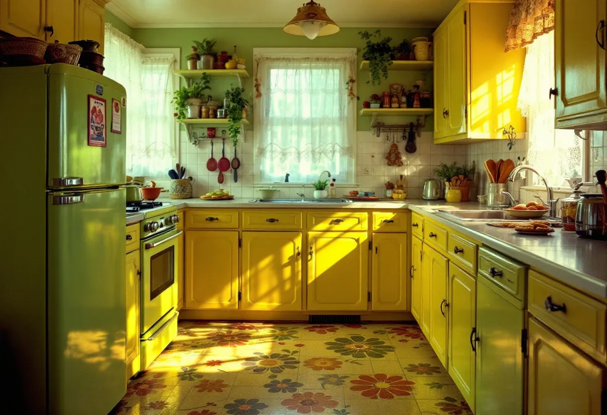 This 70s kitchen exudes a vibrant, nostalgic charm with its bright yellow cabinetry and matching appliances. The cheerful yellow hue adds warmth and liveliness, characteristic of the era's design aesthetics that favored bold colors. The cabinets are classic in style with paneled doors and dark hardware, and the countertops provide ample space for kitchen tasks. A prominent element is the retro green refrigerator, which harmonizes with the overall color theme. The appliances, nestled snugly among the cabinets, reflect the practical design priorities of the time.

The floral-patterned linoleum floor is a delightful nod to 70s fashion, featuring bold, colorful flowers that enhance the kitchen's vivid atmosphere. The walls are adorned with green open shelves, displaying a variety of plants and kitchen necessities, adding to the room's homey feel. The window over the sink, decorated with lace curtains, lets in natural light, highlighting every vibrant detail. This kitchen, with its combination of colors and vintage elements, offers a cozy, welcoming environment reminiscent of gatherings and home-cooked meals from decades past.