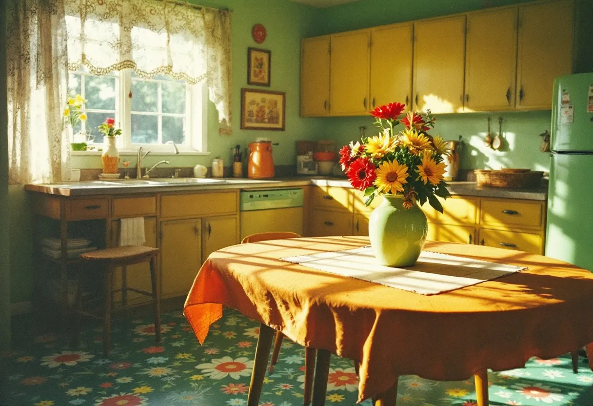 This 70s kitchen is a charming display of mid-century design, featuring vibrant yellow cabinetry that exudes a warm and welcoming atmosphere. The vintage look is accentuated by retro appliances and kitchen tools subtly tucked away in corners, maintaining a clean and organized appearance. The soft, mint-green wall color harmonizes with the yellow tones, creating an inviting contrast that reflects the aesthetic preferences of the time. The use of floral patterns on the linoleum floor adds a playful touch, drawing attention with its bold design while contributing to the overall nostalgic feel.

The kitchen is brightened by natural light streaming through lace curtains, casting a gentle glow across the room. A centerpiece of brightly colored flowers in a green vase sits atop the dining table, covered in an orange tablecloth, further enriching the palette with its vivid colors. Straight-backed chairs and a simple wooden stool continue the theme of simplicity and utility. Various small decorative elements, such as framed art and potted plants, add a personal touch, showcasing the homeowner's personality. Overall, this 70s kitchen embodies a lively, yet cozy ambiance that invites one to step back in time.