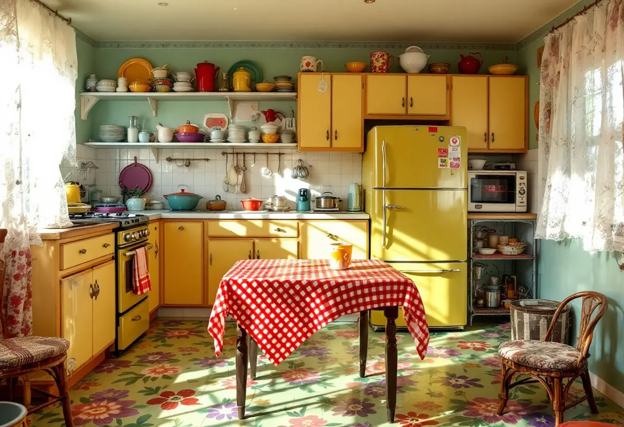 This 70s kitchen exudes a warm and cheerful atmosphere with its bright yellow cabinetry and matching vintage refrigerator. The cabinets are adorned with charming, simple hardware, echoing the retro style of the era. The walls are painted a soft pastel green, providing a subtle contrast that allows the vibrant appliances and cookware to stand out. Open shelves lined with colorful dishes and enamel pots add an element of informality and accessibility, typical of the 1970s kitchen designs.

The kitchen's flooring features a bold, floral pattern, bringing an additional splash of color and whimsy to the space. A small dining table, covered with a classic red-and-white checkered tablecloth, creates a cozy spot for casual meals. The lace curtains allow light to filter in gently, enhancing the room's inviting and nostalgic vibe. Accessories like wicker chairs and a collection of vintage cookware add layers of texture and character, making this kitchen a perfect encapsulation of 70s style.