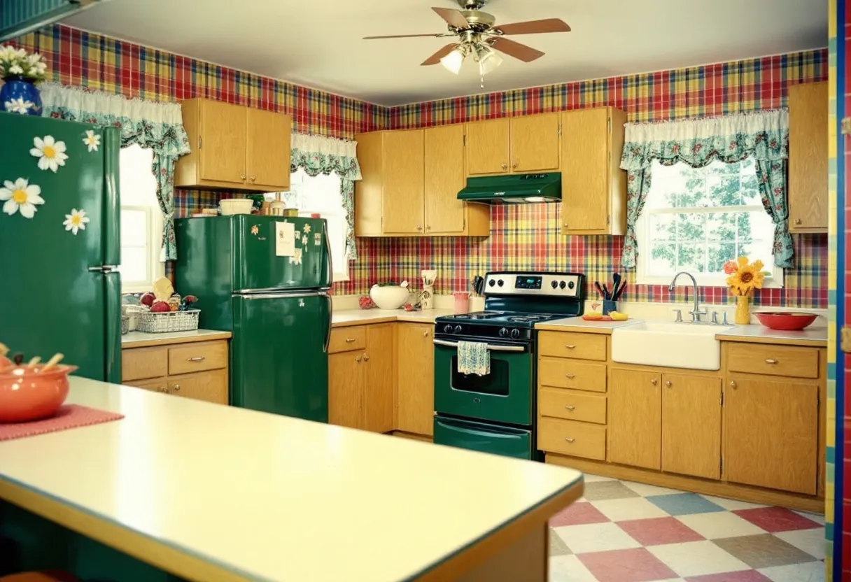 This 70s kitchen radiates nostalgic charm with its vibrant and bold design elements. The walls are adorned with colorful plaid wallpaper, a hallmark of the era, providing a lively backdrop to the space. Wooden cabinetry with a golden hue complements the busy patterns, maintaining a natural warmth amidst the vivid decor. The appliances, including the refrigerator and oven, exhibit a striking green shade that adds a pop of retro flair, further enhanced by decorative accents like daisy magnets.

Sunlight filters through the windows draped with floral curtains, infusing the kitchen with a homely glow. The checkered linoleum floor tile features a pattern of red, white, and blue, adding another layer of visual texture. A white farmhouse sink sits beneath the window, juxtaposing the colorful elements with its simplicity. The ceiling fan is both functional and stylish, featuring wooden blades that tie in with the cabinetry. Overall, this kitchen captures the eclectic and spirited essence characteristic of 70s interior design.