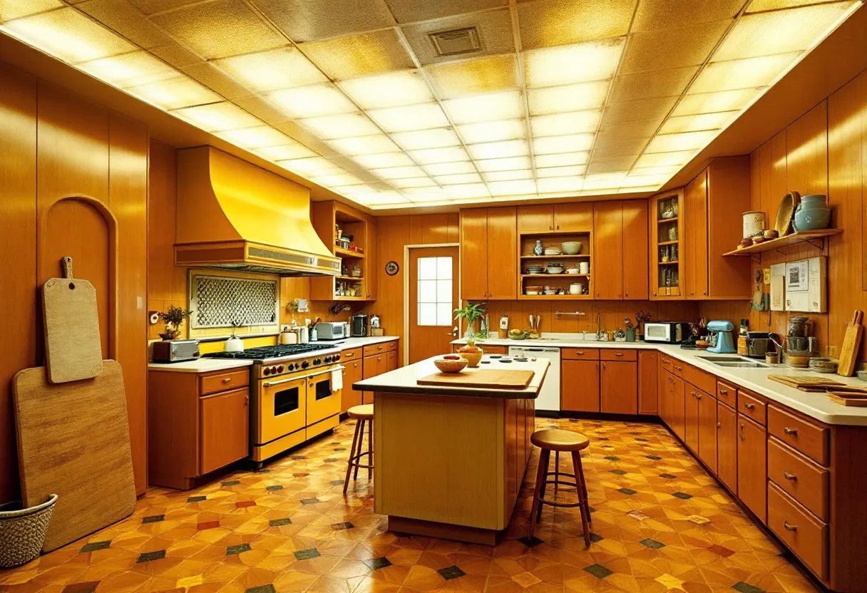 This 70s kitchen exudes a warm and inviting atmosphere with its rich wood paneling and earthy tones. The cabinetry is crafted from warm, honey-colored wood, creating a cohesive look that extends throughout the room. The countertops are topped with a lighter material, providing a subtle contrast to the darker wood. A standout feature is the large, golden-yellow range hood over the stove, which serves as both a functional and decorative element. The ceiling is lined with fluorescent lighting set within a grid of square panels, casting a soft, even glow over the entire space.

The floor is a vibrant tapestry of geometric patterns in shades of orange and brown, typical of the 70s aesthetic. An island occupies the center of the room, offering additional workspace and seating with a couple of wooden stools. Open shelving and neatly organized cabinets display a collection of ceramics and kitchenware, enhancing the kitchen's homey feel. The overall design emphasizes functionality while maintaining a cozy, retro charm that captures the spirit of the 1970s.