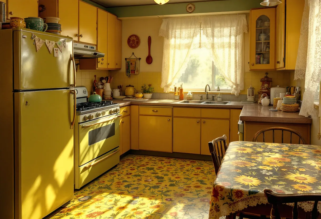 This 70s kitchen embodies a warm, nostalgic charm with its vibrant color palette. The bold yellow cabinets dominate the space, offering a cheerful and lively atmosphere characteristic of the era. The yellow continues onto the refrigerator and stove, creating a cohesive and bright look that captures the optimistic spirit of the 1970s. The cabinetry features simple, round knobs and a straightforward design, reflecting the functional style of that time.

The floral linoleum flooring and tabletop add a classic retro vibe, with their intricate patterns and lively colors enhancing the kitchen's overall ambiance. Delicate lace curtains allow sunlight to filter through, softly illuminating the space and highlighting the various vintage kitchenware on display. The mix of textures and rustic details, such as the wooden utensils and decorative crockery, contribute to the kitchen's cozy, lived-in feel, making it both inviting and reminiscent of a bygone era.