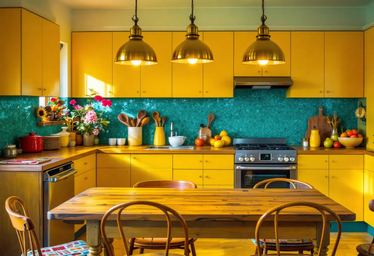 This 70s kitchen exudes vibrant warmth with its bold color palette. The bright yellow cabinets set a cheerful tone, harmoniously contrasted by the rich turquoise backsplash that adds a touch of eclectic flair. The cabinetry provides a continuous line, offering a streamlined look that is characteristic of the decade's design ethos. Above, the trio of brass pendant lights casts a warm glow, enhancing the retro atmosphere and highlighting the workspace below.

The kitchen table, made of natural wood, complements the warmth of the room, paired with classic bentwood chairs that add a timeless touch. Decorative elements, such as the array of fresh fruits and rustic cutting boards, contribute to the lived-in feel. The presence of potted plants and colorful flowers injects a bit of nature, softening the space and adding a pop of additional color. This kitchen embodies the lively and inviting spirit typical of the 1970s era.