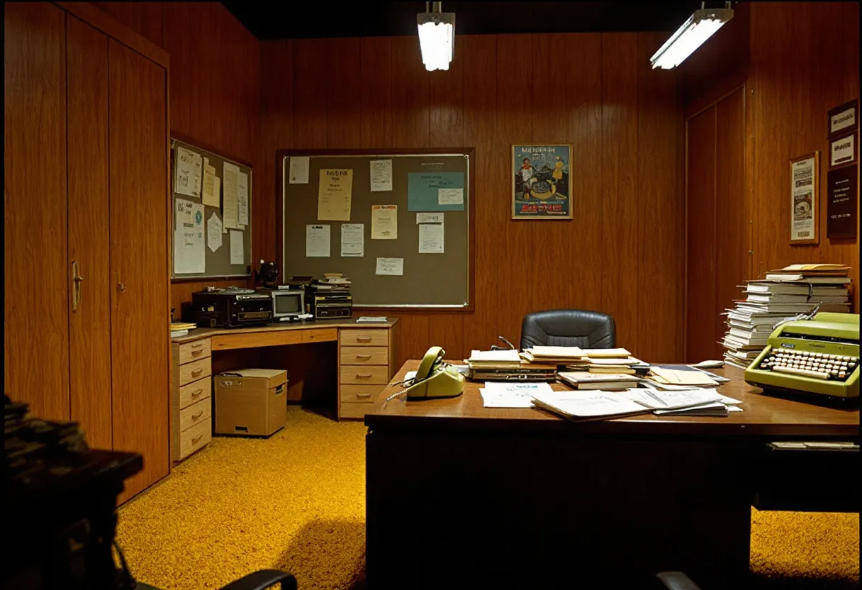 This 70s office is a nostalgic embodiment of mid-century design, characterized by rich, wood-paneled walls that provide an earthy and warm atmosphere. The room is illuminated by two fluorescent ceiling lights, casting an even glow across the workspace. The mustard-yellow carpeting evokes the classic bold color palette of the era, adding a cozy texture underfoot. The central desk, made of dark wood, is a prominent feature and is cluttered with stacks of paper, a typewriter, and an olive-green rotary phone that speaks to the technological standard of the time. 

In the corner, an L-shaped desk setup holds various office machines like a vintage radio and filing equipment, indicative of the pre-digital working environment. A bulletin board covered with memos and notices occupies space on the wall, serving as a reminder of the analog nature of workplace communication. Wall decor is minimal yet period-appropriate, with mounted posters and certificates enhancing the retro ambiance. The absence of modern conveniences highlights a focus on physical paperwork and mechanical devices, creating a snapshot of professional life in that decade.