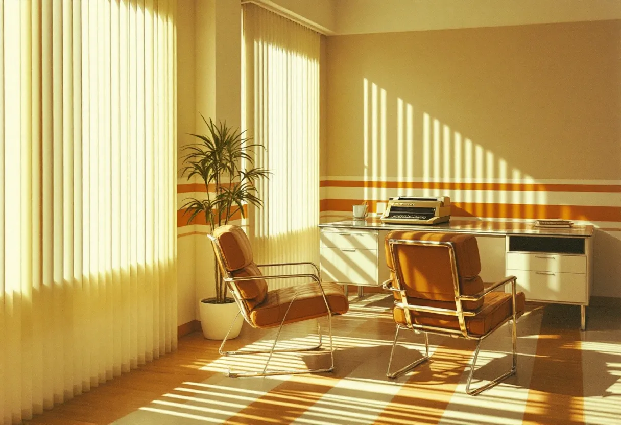 This 70s office exudes a nostalgic charm with its warm color palette and streamlined design. The sunlight filters through vertical blinds, casting soft shadows on the floor, which adds a serene and inviting atmosphere to the room. The walls are painted a soft beige with bold orange stripes, typical of the era’s design sensibilities, evoking a sense of balance and warmth. A potted plant in the corner introduces a touch of nature, complementing the earthy tones of the office.

The furniture reflects the minimalist and functional design ethos of the 1970s. The desk is topped with a sleek typewriter, a hallmark of business efficiency during that time. The seating options include two contemporary chairs with chrome frames and brown cushions, embodying the retro-modern aesthetic that was popular in office decor. Overall, this setting combines functionality with a distinct vintage style, offering a glimpse into the professional environments of that decade.