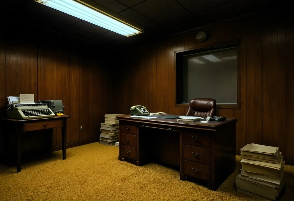 This 70s office exudes a sense of nostalgia with its classic elements and warm, inviting atmosphere. The wood-paneled walls give the room a rich, earthy tone, complemented by the warm glow of the overhead fluorescent lighting. Dominating the space is a large, sturdy wooden desk, its surface neatly organized with a rotary telephone, stacks of neatly piled papers, and a few essential office supplies. The leather chair behind the desk suggests comfort and a touch of executive authority, adding to the traditional office ambiance.

On one side of the room sits a standalone table, home to a vintage typewriter, hinting at the era's technological landscape. The bright yellow carpet adds a splash of color, typical of the bold design choices of the 1970s. Overall, the office captures a moment in time, where functionality meets style, creating an efficient yet homely working environment.