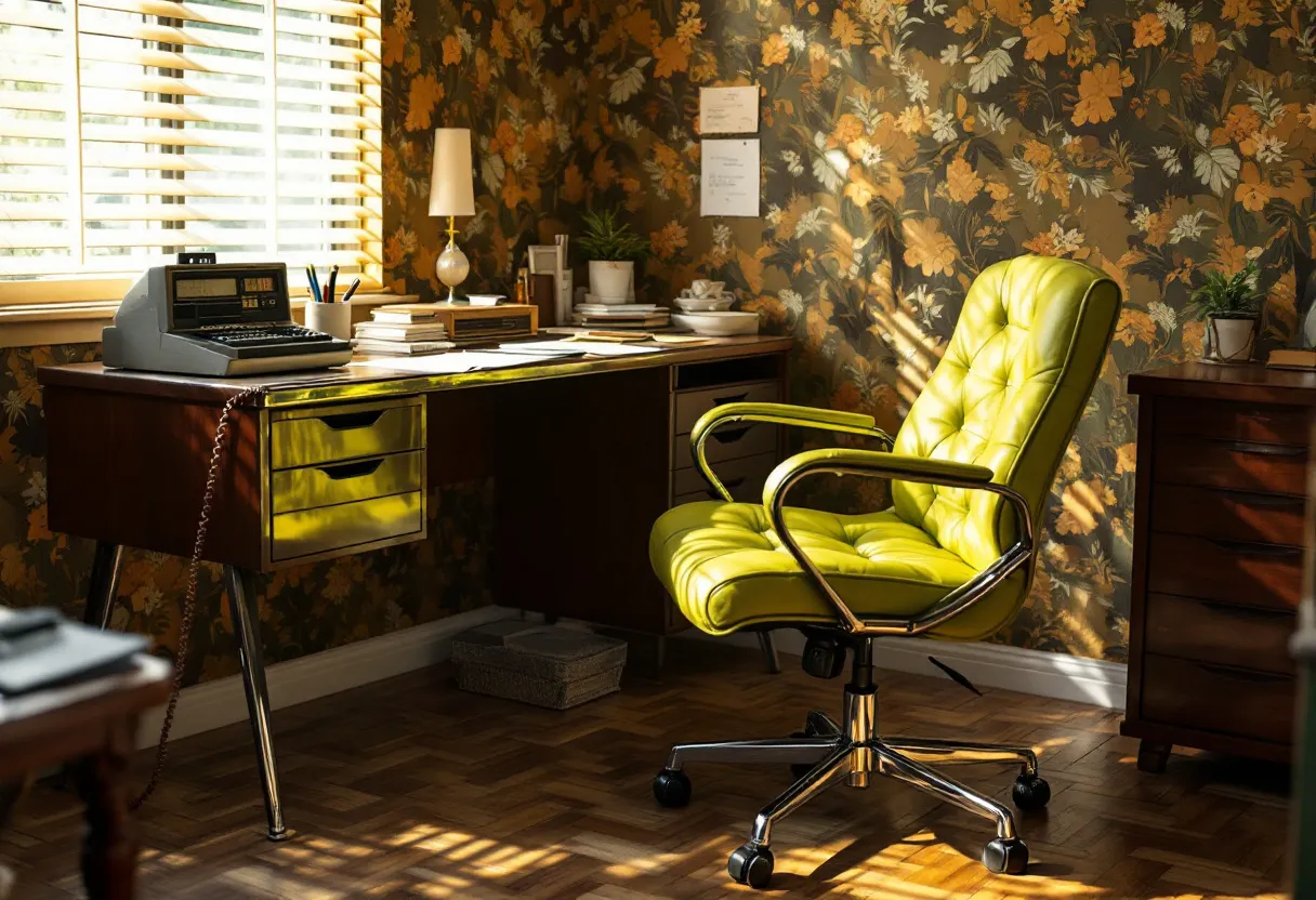 This 70s office captures the era's distinctive style with its bold floral wallpaper, characterized by rich tones of brown, orange, and mustard yellow. The natural light streaming through the wooden blinds casts warm patterns across the room, enhancing the cozy, inviting atmosphere typical of the decade. A sleek wooden desk offers a spacious work area, adorned with neatly arranged papers and a classic rotary-dial telephone, emphasizing the organized yet casual work environment.

Complementing the workspace is a vibrant green office chair, upholstered in tufted vinyl, which adds a pop of color and a touch of eccentricity to the room. The presence of a vintage typewriter on the desk speaks to the technological norms of the time, reminding us of the era before computers became common in offices. Overall, this office exudes a harmonious blend of functionality and style, embodying the retro charm and comfort of the 70s.