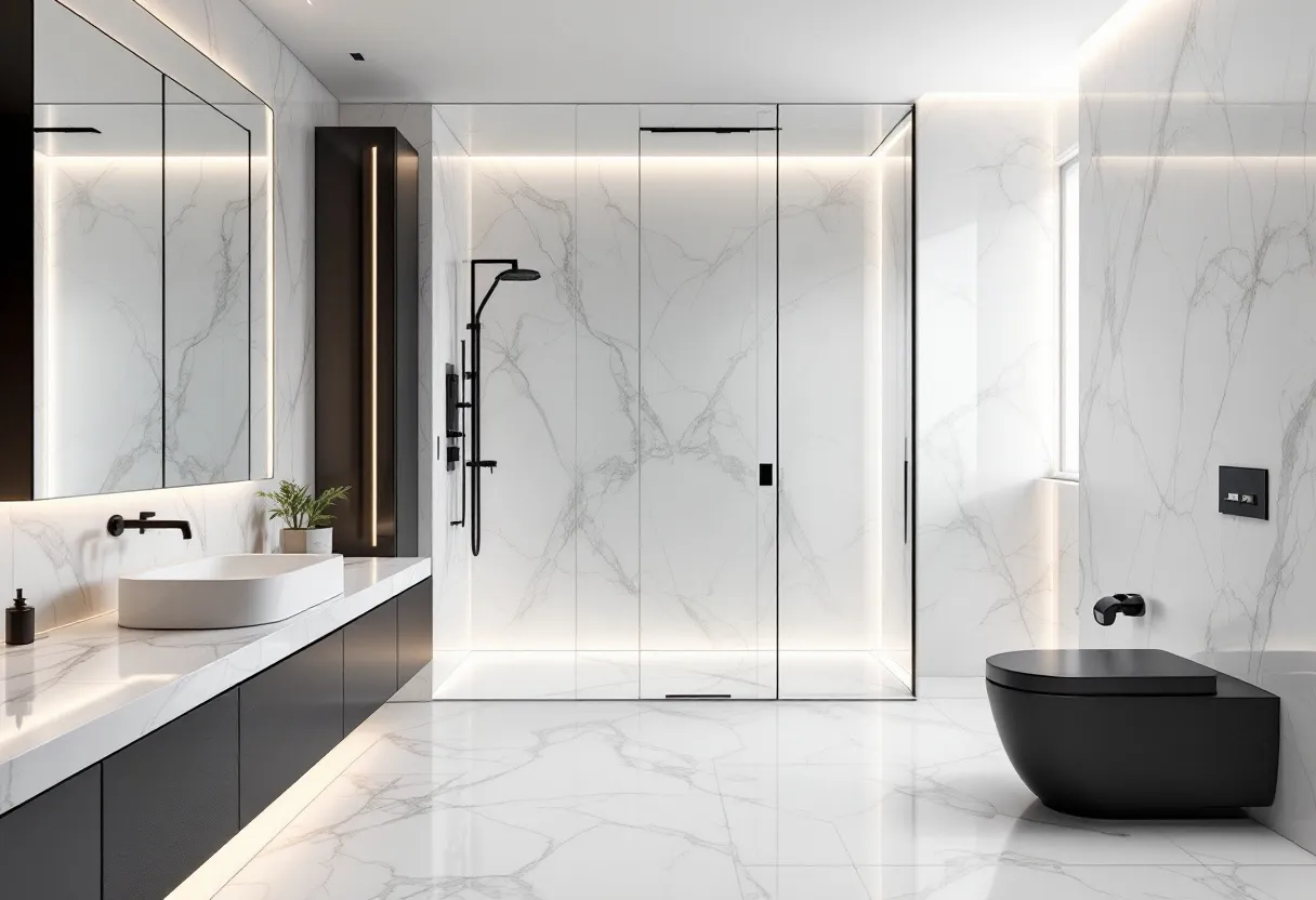 This aesthetic bathroom showcases a modern and minimalist design, emphasizing clean lines and a monochromatic palette. The walls and flooring are adorned with luxurious white marble featuring subtle grey veining, creating a sense of sophistication and timeless elegance. The large mirrors reflect light and enhance the room’s spaciousness, while the integrated lighting adds a warm and inviting atmosphere. The use of black fixtures, such as the faucets and shower hardware, provides a striking contrast against the light marble surfaces, adding depth and a contemporary edge.

The layout is functional and stylish, with a sleek countertop that holds a modern basin sink. A minimalistic approach is evident in the design of the floating vanity and the wall-mounted toilet, which contribute to the uncluttered aesthetic. The glass shower enclosure with dark trim further complements the minimalist theme, maintaining a seamless and open feel. Overall, this bathroom embodies a refined blend of modern luxury and serene simplicity, ideal for a relaxing and rejuvenating experience.