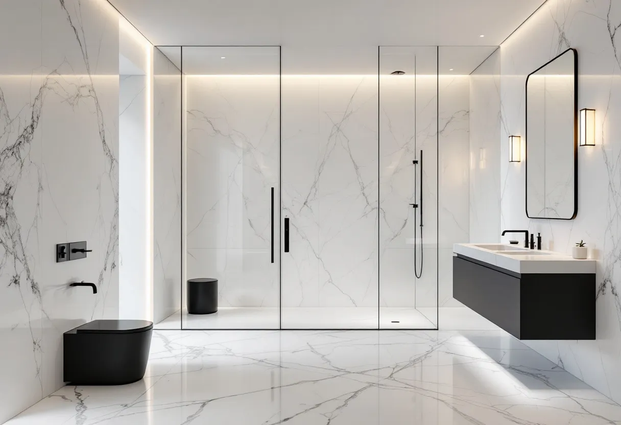 This aesthetic bathroom showcases a minimalist and modern design, highlighted by striking white marble walls with subtle gray veining that add a touch of luxury and elegance. The seamless integration of the glass shower enclosure reflects a sleek and airy atmosphere, emphasizing the spaciousness of the room. Soft, ambient lighting enhances the overall appeal, casting a gentle glow that complements the sophisticated finishes. The monochromatic palette is tastefully punctuated by black fixtures, including the shower head and faucet, offering a bold contrast against the pristine surfaces.

The floating vanity features clean lines and a contemporary silhouette, perfectly pairing functionality with style. An oversized mirror framed in black elegantly complements the bathroom’s cohesive design elements. Wall-mounted lighting fixtures ensure that the area around the sink is well-lit, adding both practicality and a refined aesthetic. The combination of these elements results in a harmonious blend of texture and color, creating an environment that is both calming and chic.