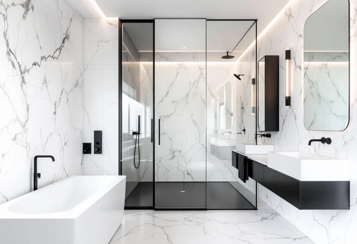 This aesthetic bathroom showcases a stunning combination of modern design and elegance. The predominant use of white marble with subtle gray veining on the walls and floors creates a clean and sophisticated backdrop, giving a sense of luxury and spaciousness. The minimalist aesthetic is enhanced by sleek, black fixtures, which provide a striking contrast against the marble. The bathtub, with its sharp lines and modern form, adds to the bathroom's contemporary feel, complemented by a stylish black faucet that adds an element of chic functionality.

The bathroom's shower area is enclosed in elegant glass panels with black frames, maintaining the modern minimalist theme while ensuring the space feels open and airy. The floating double vanity features white sinks perched on a sleek black base, which integrates effortlessly into the overall design. Above the vanity, uniquely shaped mirrors paired with vertical lights add a touch of artistry and illuminate the space with a warm, inviting glow. This careful balance of materials and textures results in a bathroom that is both functionally efficient and visually captivating.