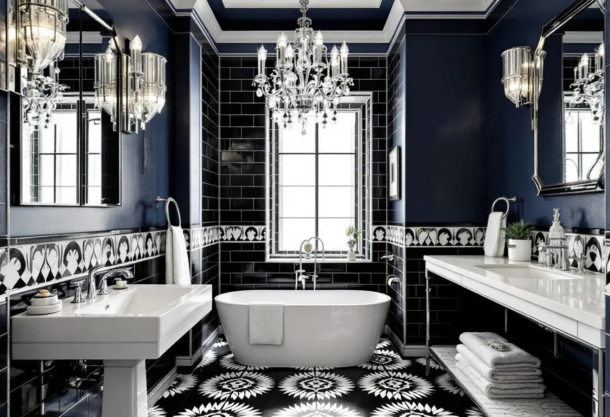 This aesthetic bathroom exudes a luxurious elegance with its sophisticated color palette and intricate design elements. The walls are adorned with glossy black tiles that are accented by a stunning black and white floral border, adding a touch of classic charm. A central window allows natural light to filter in, enhancing the room's opulent ambiance. The centerpiece, a white freestanding bathtub, rests gracefully on a striking black and white patterned floor that mirrors the wall's floral details, creating a harmonious visual balance throughout the space.

The bathroom's grandeur is further amplified by the exquisite chandelier hanging from the ceiling, casting a soft, shimmering glow. Paired with polished chrome fixtures, such as the dual sinks and faucets, the room achieves a modern sophistication. Elegant sconces flank the large mirrors, adding additional light and a touch of refinement. Soft, plush towels and small potted plants are thoughtfully placed, contributing to the room's inviting atmosphere. This bathroom seamlessly combines classic and contemporary elements, resulting in a timeless, tranquil retreat.