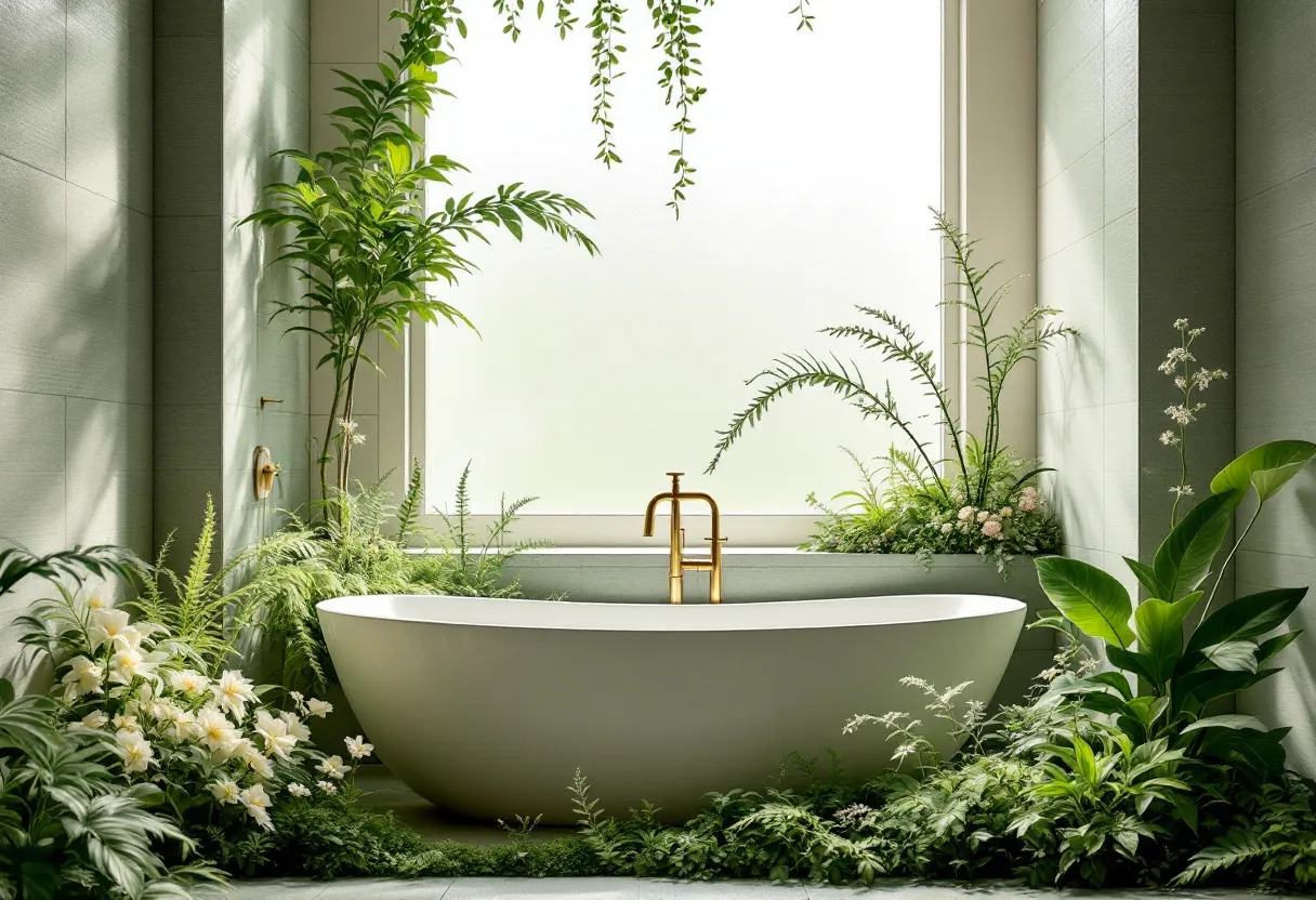 This aesthetic bathroom beautifully integrates natural elements with modern design, creating a serene and refreshing atmosphere. The centerpiece is a sleek, freestanding bathtub with elegant curves, complemented by minimalist gold fixtures that add a touch of luxury. The surrounding area is lush with vibrant green foliage and delicate flowers, evoking a sense of being immersed in a calming indoor garden. The abundance of plant life brings a refreshing pop of color and life into the space, promoting a relaxing ambiance.

Soft, natural light floods the room through a large frosted window, enhancing the tranquility of the space and casting gentle shadows on the smooth, light-hued tiles. The subtle interplay between the natural and artificial elements—like the clean lines of the bathtub and the organic shapes of the plants—creates a harmonious balance. This bathroom offers a peaceful retreat, inviting one to unwind and indulge in its soothing environment.