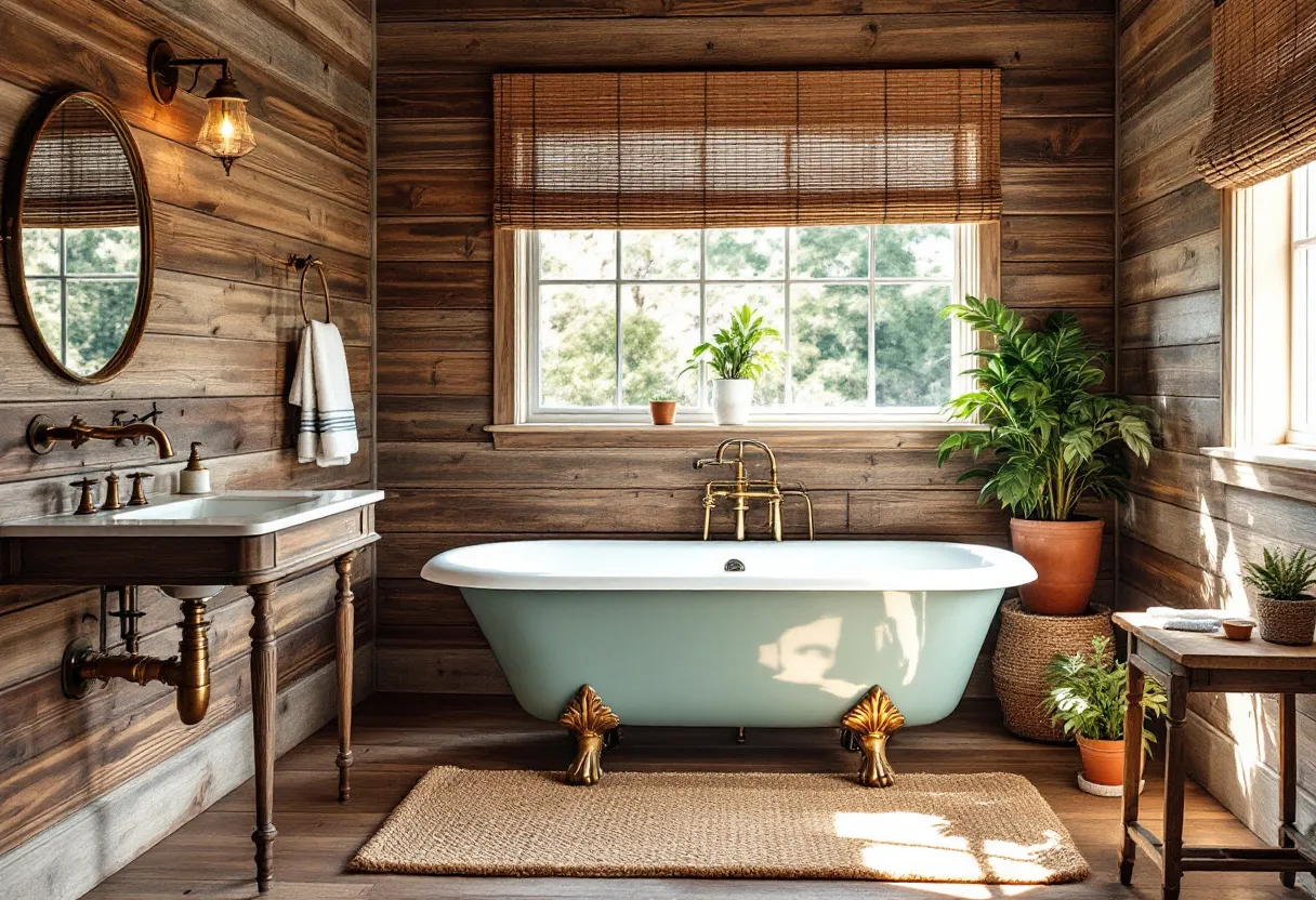 This aesthetic bathroom exudes a rustic charm with its use of rich, warm wood paneling that envelops the space in a cozy, inviting atmosphere. A standalone bathtub with elegant, ornate claw feet anchors the room, adding a touch of vintage elegance. The brass fixtures complement the earthy tones, providing a subtle yet sophisticated shine that enhances the overall warmth. Large windows, adorned with woven shades, allow natural light to flood in, highlighting the textures and providing a serene connection to the outdoors.

The bathroom's decor is thoughtfully curated with lush green plants that bring a burst of life and freshness, contrasting beautifully against the wooden backdrop. A woven rug lies beneath, adding a layer of softness and comfort underfoot. The round mirror above a classic wood vanity reflects the understated elegance found throughout the room, while the ambient lighting from a wall-mounted sconce casts a gentle glow. Each element combines seamlessly to create a tranquil and harmonious space that invites relaxation.