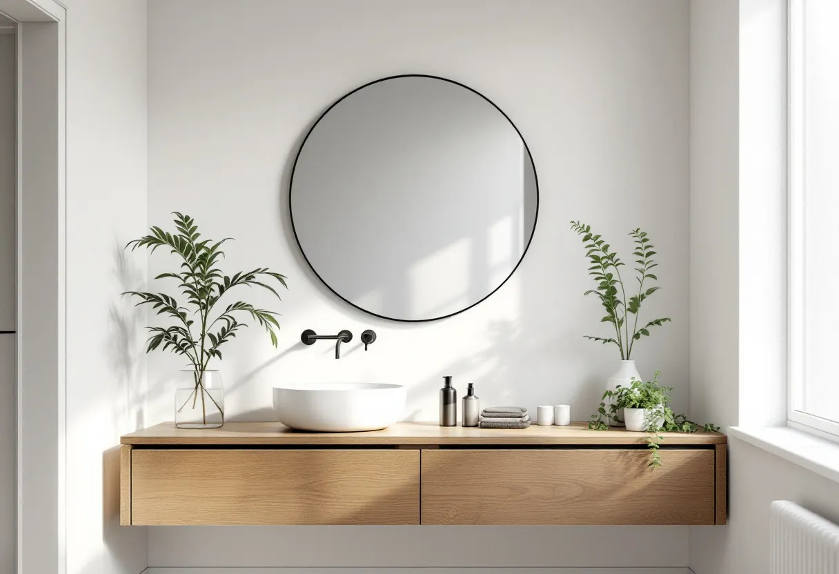 This aesthetic bathroom exudes a serene and minimalist charm, characterized by clean lines and a simple, elegant design. The focal point is a large, round mirror with a slim black frame, which creates a sense of openness and depth. Below the mirror, a sleek wooden vanity with a natural finish adds warmth to the space. The wall-mounted faucet enhances the modern look, and its matte black finish complements the mirror’s frame, tying the elements together harmoniously. 

The space is tastefully decorated with greenery, featuring potted plants placed at either end of the vanity. These add a touch of nature and vibrancy, contrasting beautifully against the neutral color palette. The countertop is organized with essential items, such as soap dispensers and neatly folded towels, emphasizing a clutter-free environment. Natural light floods the bathroom through a nearby window, casting soft shadows and highlighting the calming, airy atmosphere.