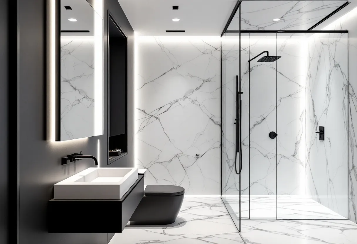 This aesthetic bathroom exudes a modern and minimalist charm, defined by its sleek lines and monochromatic palette. The use of white marble with subtle gray veining on the walls and floor creates a luxurious atmosphere, while the black fixtures and accents add a striking contrast. The spacious shower area is enclosed by clear glass, emphasizing an open and airy feeling, and is complemented by a rain-style showerhead that speaks to a modern taste.

The vanity area is equally impressive, with a floating design that contributes to the minimalist aesthetic. The rectangular white basin sits atop a black counter, harmonizing with the theme of contrast. An expansive mirror framed by soft lighting adds both functionality and a touch of elegance, enhancing the bathroom's overall ambiance. This combination of elements results in a space that feels both calming and sophisticated.