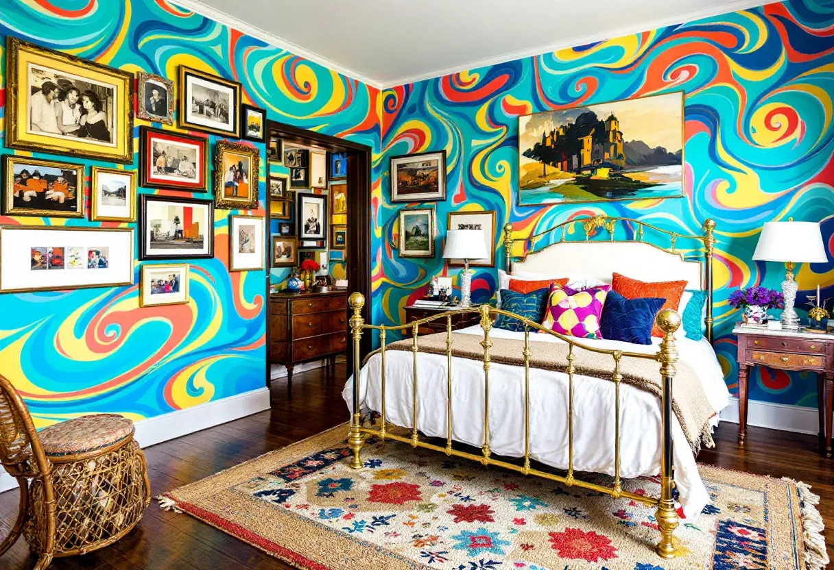 This aesthetic bedroom exudes a vibrant and eclectic flair, characterized by its bold and swirling wallpaper in a kaleidoscope of colors. The walls are adorned with an array of picture frames, showcasing a diverse collection of art and photographs, each piece adding a unique touch to the room's dynamic personality. The gold metal bed frame stands out as a central fixture, its elegant design complementing the vibrant backdrop while offering a hint of vintage charm. Colorful throw pillows and a textured blanket add layers of comfort and style to the bed, inviting relaxation amidst the vivid surroundings.

The room's furnishings further enhance its artistic and bohemian character. A woven basket-style chair adds a natural element, while a richly patterned rug anchors the space, introducing warmer hues that balance the room’s overall palette. The wooden dresser and side table, topped with decorative lamps and fresh flowers, contribute to the room’s cozy and curated aesthetic. This bedroom is a lively blend of art, color, and comfort, creating a uniquely inspiring space that celebrates individuality and creativity.