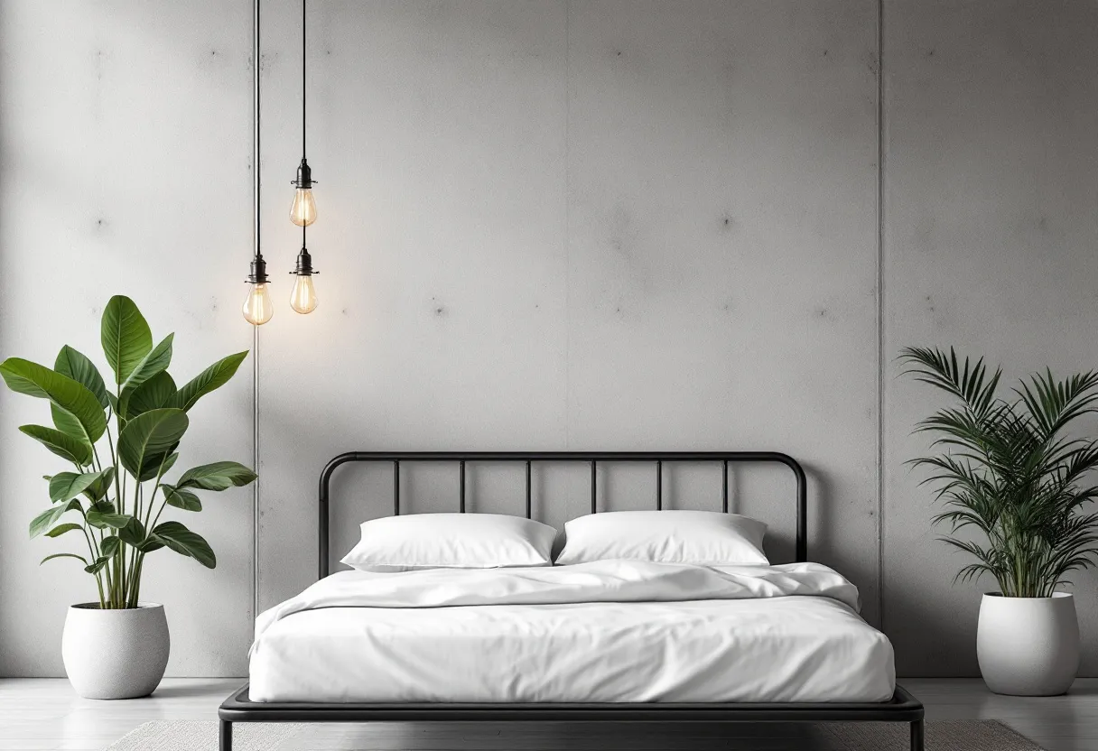 This aesthetic bedroom exudes a minimalist and modern charm. The room features a simple yet elegant black metal bed frame against a subtle concrete-textured wall, adding a touch of industrial style. The crisp white bedding provides a fresh and clean look, complementing the neutral tones of the room. Above the bed, three pendant lights with exposed bulbs hang, offering a warm and inviting glow that enhances the cozy atmosphere.

The incorporation of greenery through potted plants on either side of the bed brings a sense of tranquility and life to the space. The plants' lush, vibrant leaves contrast beautifully with the room's muted palette, adding a natural element that invigorates the environment. This bedroom balances simplicity and sophistication, creating an inviting and serene retreat.