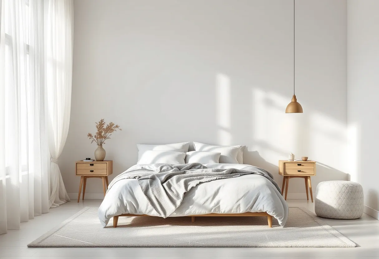 This aesthetic bedroom exudes a serene and minimalist vibe, characterized by its neutral color palette and simple yet elegant design. The room features a comfortable, low-profile bed with crisp white bedding and a soft, light gray throw, creating a cozy and inviting atmosphere. Flanking the bed are two light wooden nightstands, each adorned with minimalistic decor items, adding a touch of warmth and balance to the space. The wooden elements introduce a natural touch, harmonizing with the room's overall calm and muted tones.

A large window allows an abundance of natural light to flood the space, enhancing the open and airy feel of the room. Sheer white curtains frame the window, providing a soft, diffused light that gently illuminates the room. The pendant light hanging above one of the nightstands adds a modern touch, complementing the room's clean lines and understated elegance. A cozy pouf sits near the bed, offering additional seating or a decorative element. This bedroom embodies a perfect blend of functionality and aesthetic appeal, making it a tranquil retreat.