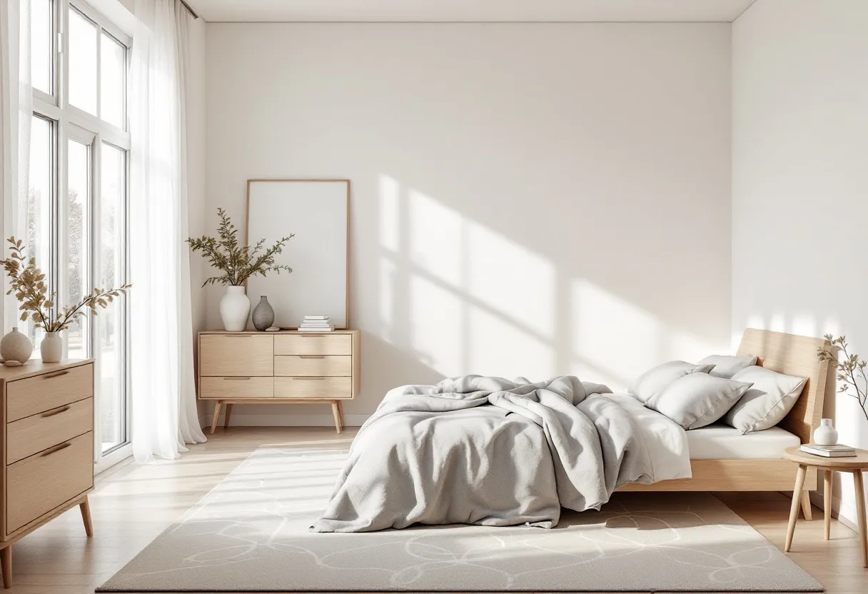 This aesthetic bedroom exudes a serene and minimalist vibe, characterized by a palette of soft neutrals and natural light. The room is anchored by a simple wooden bed frame adorned with plush, light-colored bedding that invites relaxation. The use of white and light grey tones enhances the feeling of spaciousness and calmness. Large windows allow an abundance of natural light to cascade into the room, highlighting the understated elegance of the decor and the textured surface of the bedding. This interplay of light and shadow adds depth and a dynamic quality to the otherwise tranquil setting.

The bedroom's cohesive design is further enhanced by well-chosen furnishings and decor elements. A pair of matching wooden dressers and a bedside table maintain the natural wood theme, providing functional storage while contributing to the room's warm, earthy aesthetic. Potted plants and vases with minimalist arrangements are thoughtfully placed, adding a touch of organic life and enhancing the room's peaceful ambiance. The overall effect is a harmonious blend of simplicity and sophistication, creating a perfect sanctuary for rest and reflection.