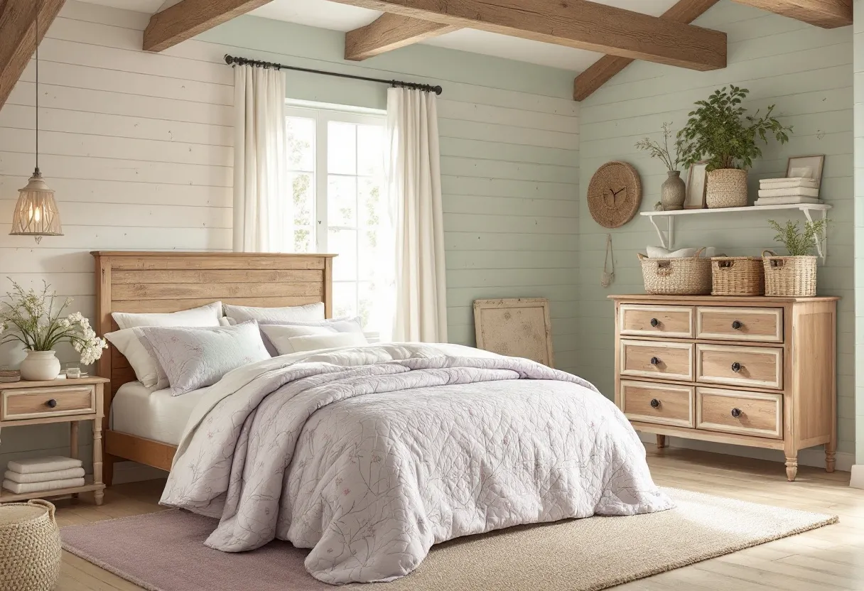 This aesthetic bedroom exudes a serene and cozy ambiance, characterized by its use of soft, neutral tones and natural materials. The light wood elements of the bed frame and dresser complement the whitewashed walls, creating a harmonious look that evokes a sense of calm. The beams on the ceiling add architectural interest, enhancing the rustic charm. The bedding is inviting and plush, featuring a subtle floral pattern that adds a touch of elegance without overwhelming the simplicity of the design. The pendant light, with its woven texture, casts a warm glow, contributing to the room's relaxing atmosphere.

The room is thoughtfully decorated with minimalist, yet meaningful touches. A mix of baskets and plants on the dresser and shelf introduces texture and vitality, while the woven wall decor provides a focal point that ties the natural theme together. The soft, flowing curtains allow ample natural light to filter through, maintaining a bright and airy feel. A simple, neutral rug grounds the space, adding just enough warmth to make the room feel complete. Overall, this bedroom perfectly balances comfort and style, creating an ideal environment for rest and relaxation.