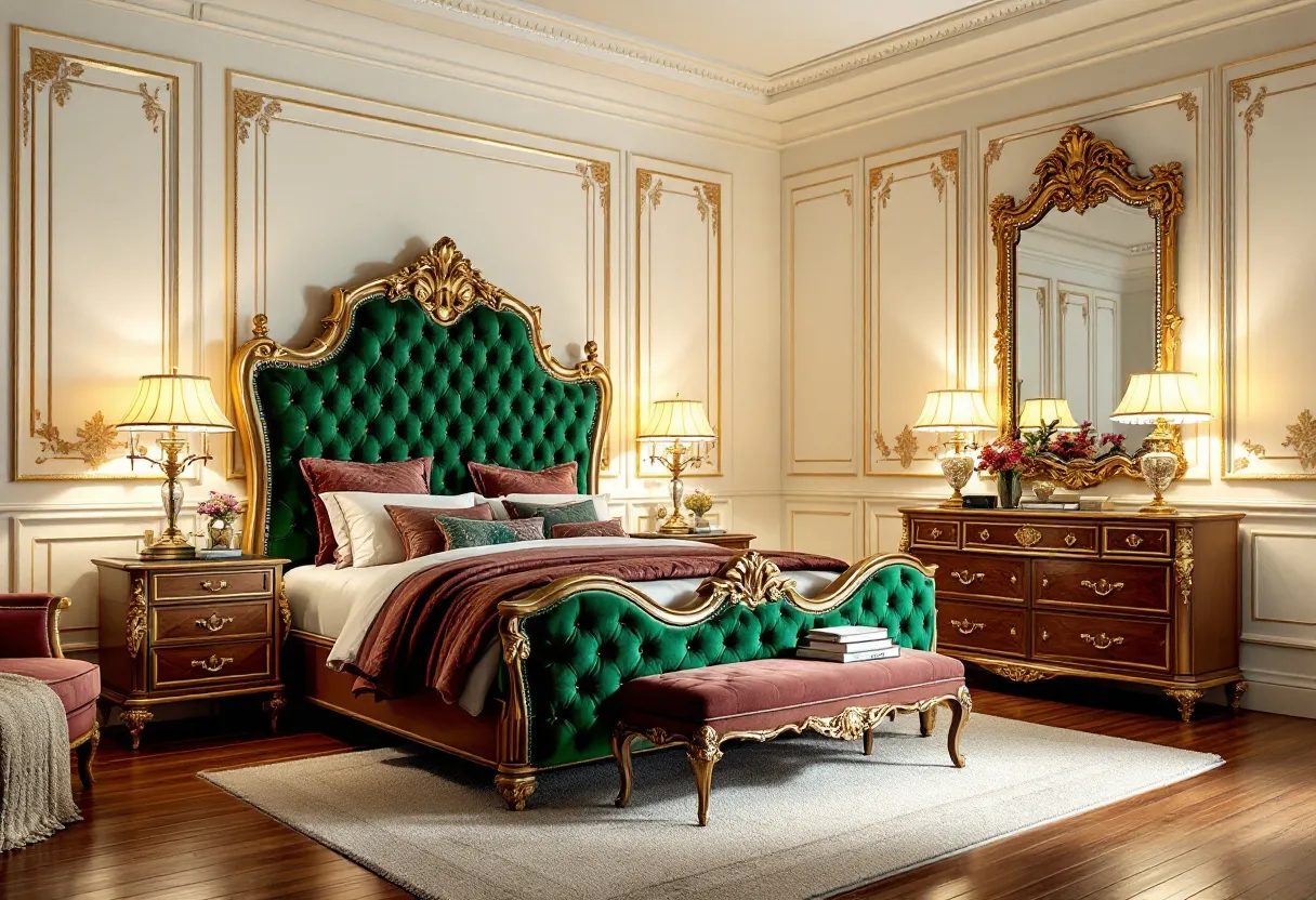 This aesthetic bedroom exudes luxury and elegance, characterized by its rich and opulent décor. The centerpiece is a magnificent green tufted headboard embellished with ornate gold detailing, creating a sense of grandeur. The deep, lush green fabric of the headboard and footboard adds a regal touch, while the gold accents highlight the intricate craftsmanship. The bed is dressed with plush pillows and rich bedding in a harmonious palette of earthy tones, enhancing the lavish atmosphere of the room.

The surrounding decor complements the opulent theme, with walls adorned in elegant molding and gold accents. A large, beautifully carved mirror with a gilded frame adds depth and reflects light, amplifying the room's sophistication. Sumptuous wooden furniture, including a dresser and bedside tables, feature ornate handles and complement the rich flooring. Strategically placed lamps with exquisite shades provide a warm, inviting glow, while fresh flowers in decorative vases add a touch of natural beauty and color. The overall ambiance of this bedroom is one of timeless elegance and refined luxury.