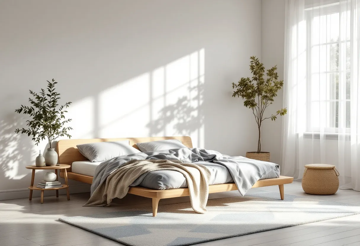 This aesthetic bedroom exudes a serene and minimalist charm, characterized by its soft, natural lighting and harmonious color palette. The central focus is a low, wooden platform bed, highlighted by its sleek design and light wood finish that complements the room's overall neutral tones. Soft gray bed linens and a beige throw add layers of coziness and texture, enhancing the inviting atmosphere. The ample sunlight streaming through sheer white curtains creates a pattern of light and shadows on the walls and floor, contributing to a peaceful and airy ambiance.

Adjacent to the bed, small potted plants introduce an element of nature, enhancing the room's tranquil feel. A round wooden side table holds decorative ceramics, adding a touch of artistic flair and functionality. The light wood flooring and the simple, woven basket in the corner complete the aesthetic with organic elements that further the natural, minimalist theme. This bedroom embodies a calming simplicity, making it a perfect retreat.