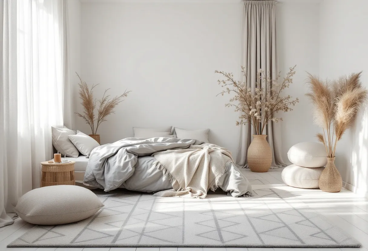 This aesthetic bedroom exudes a serene and calming atmosphere, characterized by its neutral color palette. The walls are painted in a soft, muted tone, creating a soothing backdrop that emphasizes the minimalist design approach. The bedding is layered with light, plush fabrics, adding comfort and a touch of luxury. The presence of dried botanical arrangements in simple vases brings an organic element to the space, enhancing its natural and earthy vibe.

The room is thoughtfully styled with a few carefully selected decor pieces that contribute to its cohesive look. A woven side table and soft cushions add texture and warmth, complementing the overall simplicity of the space. The light filters gently through sheer curtains, casting a soft glow that bathes the room in natural light. This bedroom's design embraces tranquility, making it a perfect retreat for relaxation and unwinding.