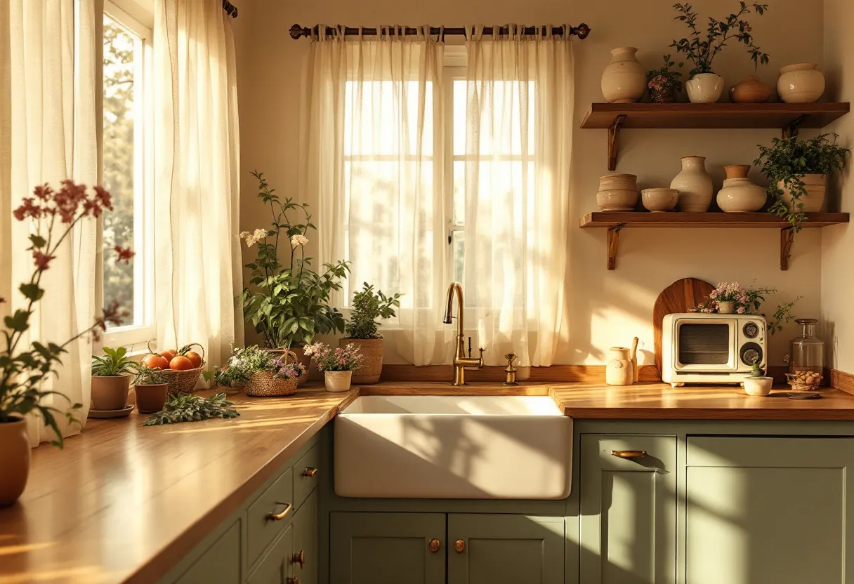 This aesthetic kitchen exudes a warm, rustic charm with its soft natural light streaming through sheer curtains. The sunlight bathes the room, highlighting the rich wood tones of the countertops and the cabinetry painted in a calming sage green. The farmhouse-style sink with its classic brass faucet serves as a focal point, perfectly complementing the earthy elements of the decor.

Thoughtfully arranged plants and herbs bring a touch of freshness and vitality to the space, their green leaves and delicate flowers adding texture and color. Above, open wooden shelves display an assortment of neutral-toned pottery, enhancing the kitchen's homey and timeless appeal. Overall, this kitchen is a harmonious blend of natural materials, soft light, and understated elegance, creating an inviting and serene atmosphere.