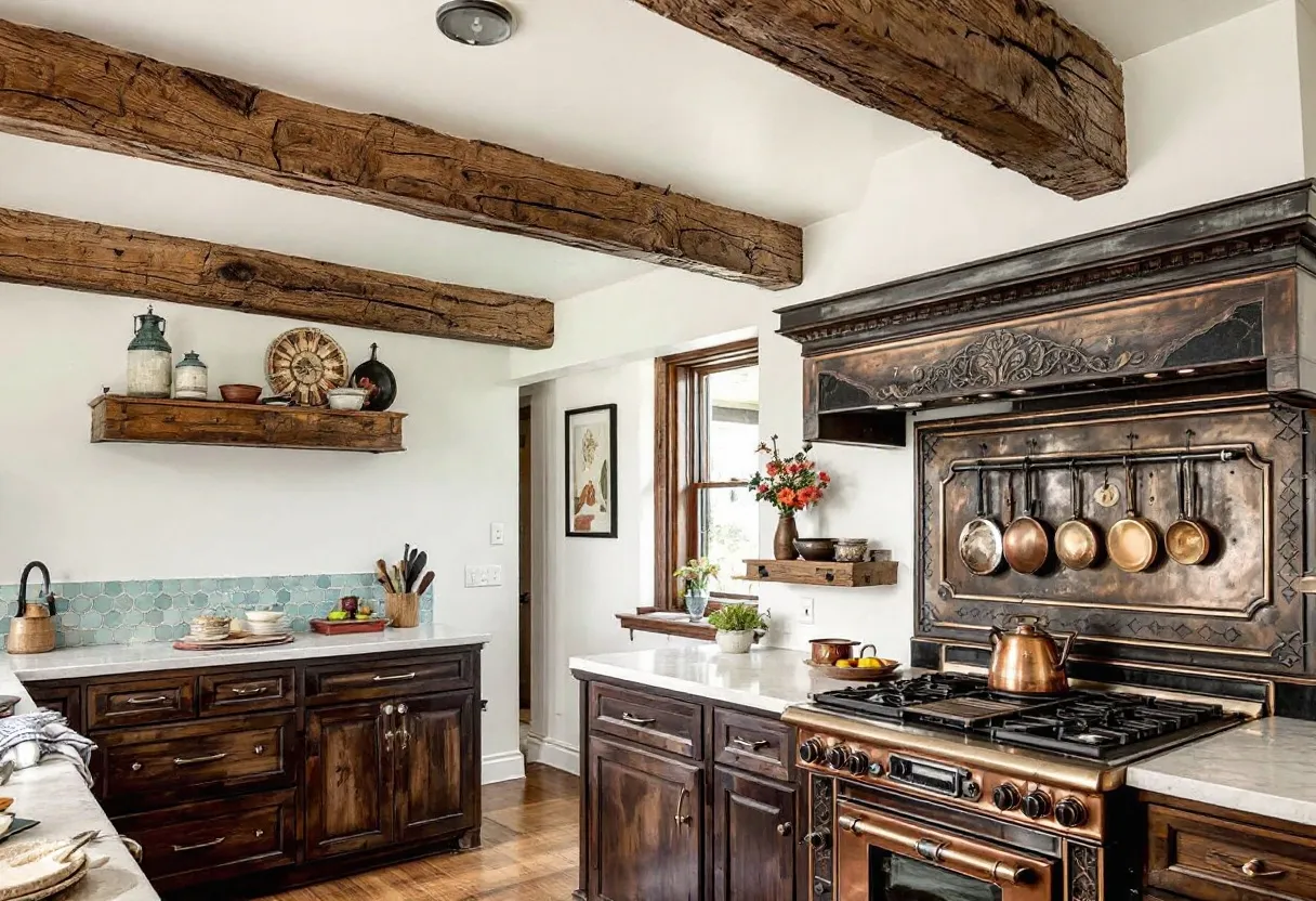 This aesthetic kitchen beautifully combines rustic charm with a touch of elegance. The exposed wooden beams on the ceiling bring a warm, natural element to the space, adding texture and a sense of history. The wooden cabinetry complements these beams, further emphasizing the rustic theme. The cabinets, with their rich, dark finish, provide ample storage and contribute to the kitchen’s cozy ambiance. A light-colored countertop creates a pleasing contrast, brightening the room and offering a clean, polished work surface.

The focal point of the kitchen is the magnificent stove area, framed by ornate metalwork that blends functionality with artistry. Copper pans hang as decorative details, their patina adding an aged character that enhances the kitchen’s timeless look. Shelves and countertops are tastefully adorned with simple decorative items, such as vases of fresh flowers and jars, adding a personal touch without overwhelming the space. This kitchen's design achieves a harmonious balance between rustic elements and refined decor, making it both inviting and aesthetically pleasing.