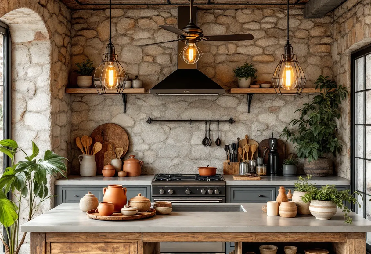 This aesthetic kitchen exudes a rustic and cozy charm, perfectly blending natural elements with modern functionality. The stone wall backdrop creates a warm and inviting atmosphere, adding texture and character to the space. Above the stove, a sleek black range hood contrasts elegantly with the earthy tones of the stone. Wooden shelves are artfully adorned with potted plants and ceramic dishes, contributing a touch of greenery and simple elegance. The combination of materials and neutral colors evokes a sense of harmony and balance.

The kitchen island, with its smooth countertop, serves as a central focal point, adorned with terracotta pots and a collection of wooden cooking utensils. Pendant lights, encased in industrial-style wire frames, hang from the ceiling and provide a soft, ambient glow, enhancing the kitchen's warm ambiance. Large windows allow natural light to flood the space, highlighting the details and contributing to an airy, open feel. This kitchen beautifully merges functionality with aesthetic appeal, creating an inviting environment that feels both modern and timeless.