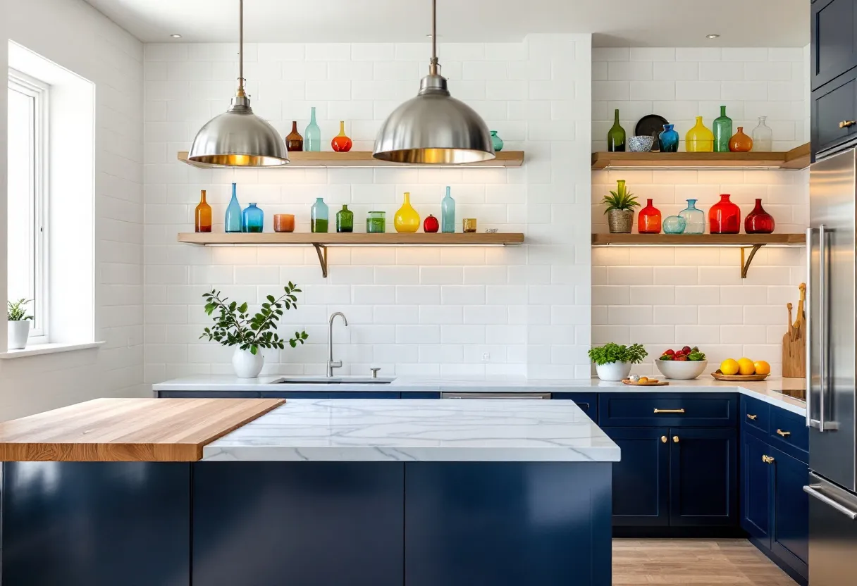 This aesthetic kitchen embodies a modern and vibrant design, characterized by its clean lines and bold color choices. The navy blue cabinetry adds a sophisticated contrast to the bright white subway tile backsplash. The countertops feature a sleek marble finish, adding a touch of luxury and timeless elegance. Two large metallic pendant lights hang above the central island, offering both illumination and a striking visual feature. The wooden countertop extension on the island introduces a natural element, seamlessly blending the modern and organic.

The open shelving is adorned with an eclectic assortment of colorful glass bottles and vases, introducing splashes of orange, blue, red, and green that create a playful yet harmonious atmosphere. These decorative pieces are highlighted by subtle under-shelf lighting, which enhances their vivid hues and draws attention to their artful arrangement. The presence of fresh greenery, including a small potted plant by the window and another on the counter, provides a refreshing touch of nature, contributing to the kitchen's inviting and lively ambiance.