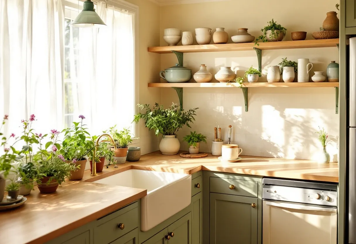 This aesthetic kitchen embodies a serene and natural vibe, enhanced by the sunny light streaming through sheer curtains. The use of muted, earthy tones creates a calming atmosphere. Open wooden shelves complement the minimalist design, showcasing a collection of ceramic dishes and pots, each piece adding a touch of rustic elegance. The kitchen surfaces are adorned with an array of potted plants, bringing a lively burst of greenery that harmonizes beautifully with the natural wood and neutral palette. The arrangement of plants suggests a love for nature, enhancing the room's warm and inviting feel.

The cabinetry in a soft sage green hue adds a subtle pop of color while maintaining the overall tranquil mood. The farmhouse sink with a sleek brass faucet becomes a focal point against the wooden countertops, enhancing the kitchen’s rustic charm. The balance of textures—smooth ceramics, rough pottery, and lush greenery—creates an intriguing depth in this space. The thoughtful arrangement emphasizes both style and function, making this kitchen not only a place for culinary activities but also a sanctuary for relaxation and aesthetic enjoyment.