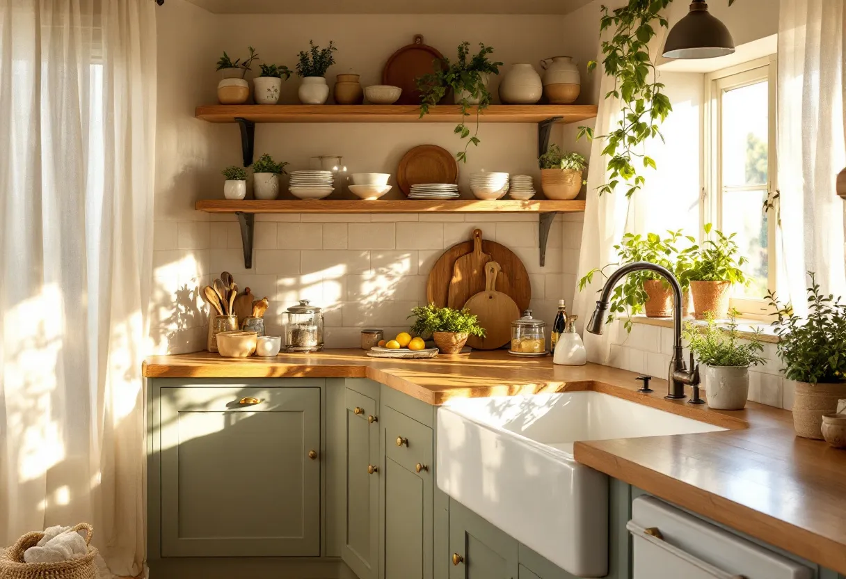 This aesthetic kitchen exudes a warm and inviting atmosphere, characterized by its earthy tones and natural elements. The muted sage green cabinetry provides a calming backdrop that pairs beautifully with the rich, wooden countertops. Above the countertops, open wooden shelves display an array of pottery and ceramic dishes, creating a rustic charm. The white subway tiles add a modern contrast, enhancing the kitchen's light and airy feel. Sunlight streams through the sheer curtains, casting gentle shadows and highlighting the warmth of the materials.

The kitchen is adorned with lush greenery, as various potted plants are strategically placed around, bringing the outdoors inside and adding a fresh, organic vibe. A deep farmhouse sink serves as a focal point, complemented by an elegant, arching faucet. The mix of textures—from the smooth ceramics to the rough-hewn wood—creates a sense of balance and harmony. This welcoming kitchen combines functionality with aesthetic appeal, making it a delightful space for cooking and gathering.