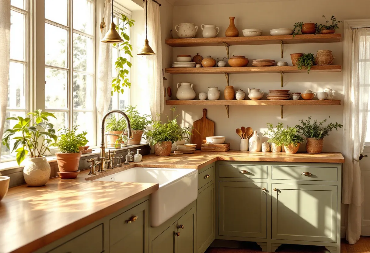 This aesthetic kitchen exudes warmth and charm with its earthy color palette and natural elements. The sage green cabinetry is complemented beautifully by the wooden countertops, creating an inviting and cohesive look. Ample natural light pours through the large windows, highlighting the array of potted plants that add a touch of greenery and vitality to the space. The light, airy curtains frame the windows softly, allowing sunlight to filter gently, which enhances the overall freshness and openness of the kitchen.

Open wooden shelves display an assortment of rustic and minimalist dishware, adding a curated and personal touch to the kitchen's design. The combination of terracotta pots, ceramic mugs, and wooden utensils on the shelves provides a texture-rich visual experience while maintaining an organized and serene environment. This kitchen's thoughtful integration of natural materials and well-placed decorative elements creates a harmonious and timeless aesthetic that is both functional and inviting.