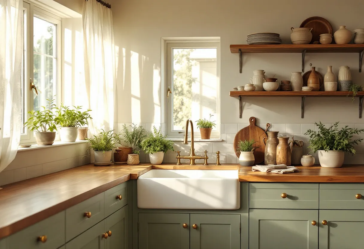 This aesthetic kitchen exudes a warm, inviting atmosphere with its rustic yet elegant design. The soft, muted green cabinetry adorned with brass knobs brings a touch of vintage charm, harmonizing beautifully with the natural wood countertops. The farm-style sink, with its classic white apron front, enhances the kitchen's timeless appeal. Brass faucets add a hint of sophistication, seamlessly blending with the overall color scheme. Sunlight streams generously through the windows, highlighting the natural beauty of the space and creating a cozy ambiance.

Potted plants positioned along the windowsill and countertop introduce elements of nature inside, providing freshness and vibrancy. Open wooden shelves house an array of ceramics and wooden cutting boards, contributing to the kitchen’s functional yet stylish aesthetic. The balance of textures—from the smooth ceramics to the warm wood and lush greenery—adds depth and interest. This kitchen is a perfect blend of functionality and style, offering a serene and aesthetically pleasing environment.