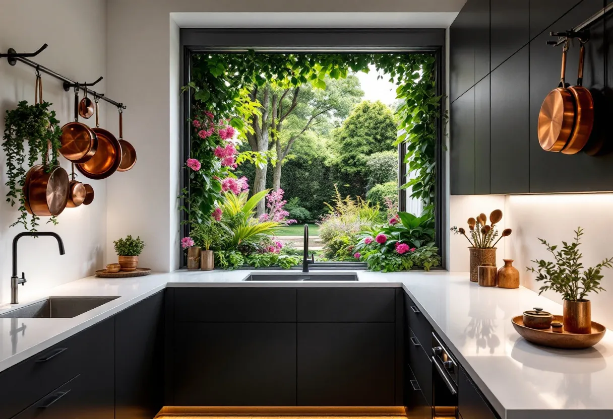 This aesthetic kitchen features a harmonious blend of modern design and natural elements. The sleek black cabinetry gives it a contemporary feel, while the white countertops provide a clean and crisp contrast. The bold black faucet adds a touch of elegance and sophistication. Copper pots hanging on a rail introduce a warm and rustic charm, complementing the greenery and adding depth to the decor. The copper accents are echoed in the kitchen accessories, which include jars and decorative items that enhance the overall earthy vibe.

A large window serves as the focal point, framing a lush view of the garden outside. The vibrant greens and pinks of the surrounding plants create a seamless connection between the indoors and outdoors, inviting an abundance of natural light into the space. This not only brightens the kitchen but also infuses it with a refreshing sense of tranquility. The placement of potted plants on the countertop and window ledge further integrates nature into the kitchen, making it an inviting and peaceful space for cooking and gathering.