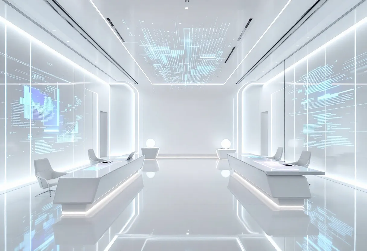 This aesthetic office exudes a sleek, futuristic ambiance. Its clean white surfaces and minimalist design elements create an atmosphere of modern elegance. The space is accentuated by the use of ambient lighting, which adds a sense of depth and sophistication. The walls display digital projections, enhancing the high-tech feel and suggesting a cutting-edge work environment. The use of reflective materials on the floor contributes to the open and expansive aesthetic.

The arrangement of furniture is minimal yet functional, with streamlined desks and chairs that complement the overall theme. Each element appears thoughtfully placed to ensure both form and function, suggesting a workspace designed for creativity and productivity. The office’s design elements, such as its geometric shapes and subtle integration of technology, reflect a commitment to innovation and style.