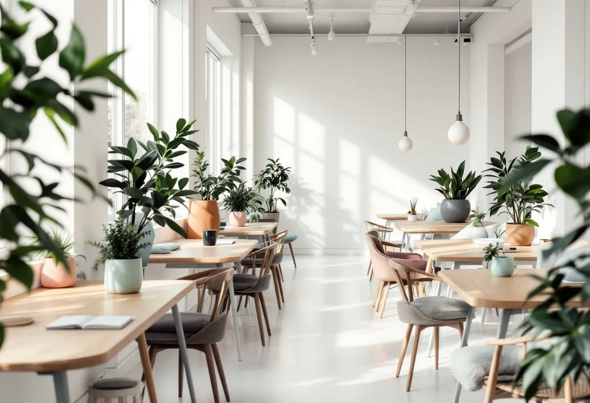 This aesthetic office embraces a minimalist and serene design, flooded with natural light filtering through large windows. The space is characterized by smooth, white walls and sleek, light wood furniture that convey simplicity and elegance. The arrangement of desks along the windows maximizes the use of sunlight, creating an uplifting environment ideal for focused work. The use of pendant lights adds a modern touch, enhancing the overall sophisticated ambiance.

The incorporation of vibrant green plants throughout the office enhances its aesthetic appeal and introduces an element of nature. These plants, placed strategically on each desk, contribute to a sense of tranquility while bringing a splash of color to the otherwise neutral palette. The chairs, with their soft hues and modern design, complement the natural elements, ensuring comfort and style. Overall, this office design promotes both productivity and well-being, making it a harmonious workspace.