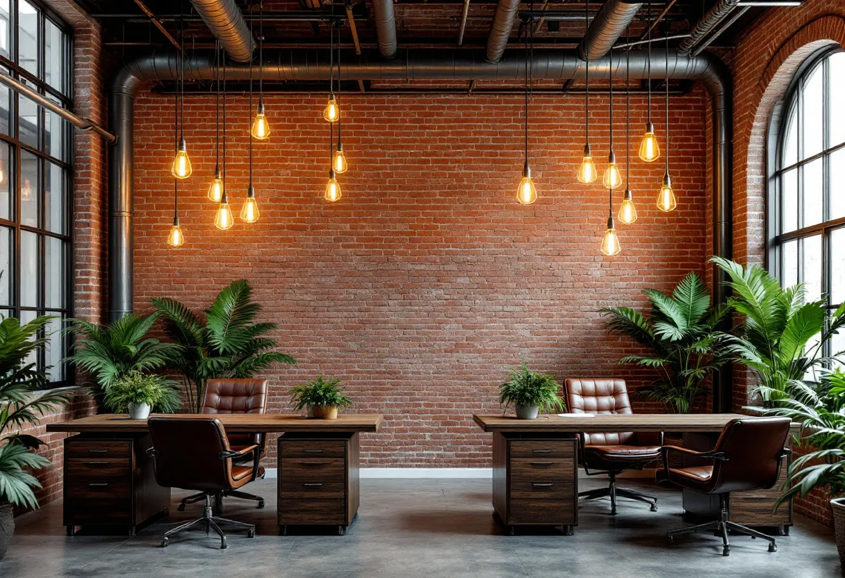 This aesthetic office features an industrial-chic design that seamlessly blends modern elements with rustic charm. The exposed red brick wall sets a warm and inviting backdrop, creating a textured contrast to the sleek, dark wood furniture. The room is illuminated by a series of pendant lights with warm-tone Edison bulbs, hanging at varying heights to add visual interest and a cozy ambiance. The large windows flood the space with natural light, enhancing the earthy color palette and making the room feel open and airy.

Complementing the industrial elements, lush green plants are strategically placed alongside each desk. These plants not only introduce a touch of nature but also break the monotony of the industrial features, creating a harmonious balance between urban and organic. The brown leather swivel chairs and matching desks enhance the sophisticated look, offering both comfort and style. Overall, this office space exemplifies a modern yet timeless aesthetic, perfect for inspiring productivity and creativity.