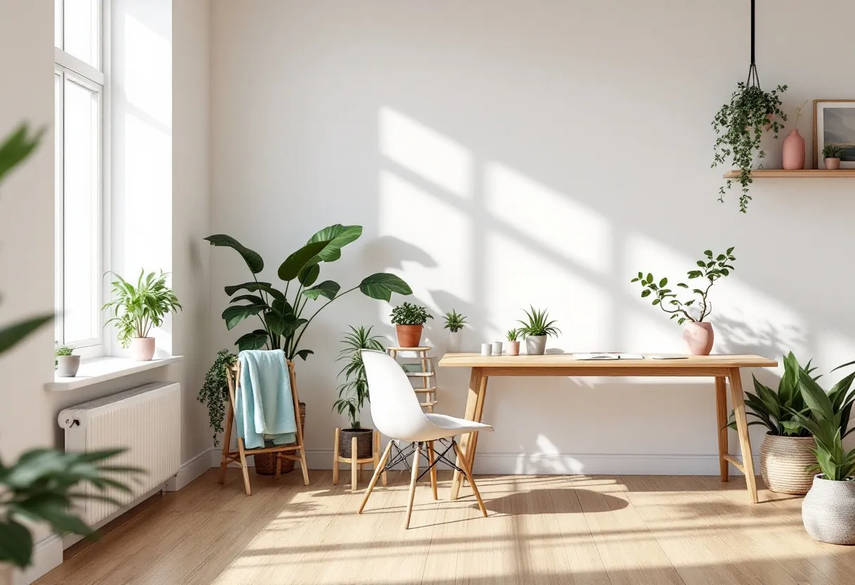 This aesthetic office embraces a minimalist design, creating a serene and inviting atmosphere. The space is filled with natural light that streams through a large window, illuminating the room and casting gentle shadows on the light wooden floor. The use of wooden furniture, including a sleek desk and a simple chair, complements the warm and earthy tones, enhancing the natural vibe of the office. The overall color palette is understated, using soft whites and browns that contribute to a calming environment perfect for focus and creativity.

Lush greenery is a focal point in this office, with a variety of potted plants strategically placed around the room. These plants not only add a burst of life and color but also promote a sense of tranquility and wellness. A hanging planter adds vertical interest and draws the eye upward, while the plants on the floor and desk provide a balanced and harmonious look. The careful attention to detail, reflected in the choice of decor and the arrangement of elements, makes this office both aesthetically pleasing and functional.